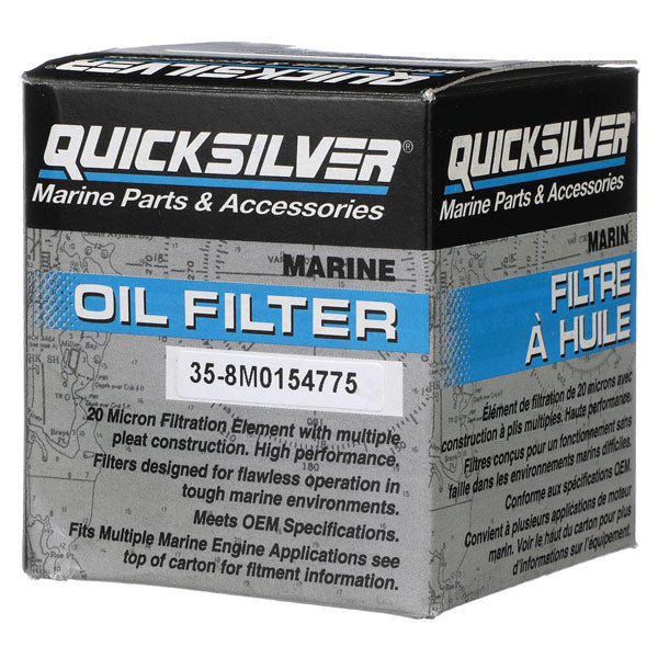 Quicksilver oliefilter med 20-mikron filtrering, set fra siden