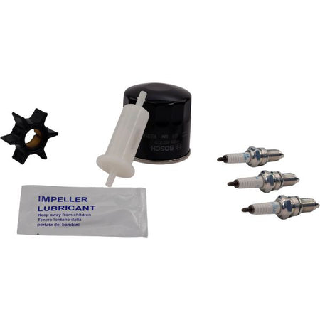 Alle dele i SeaTec Yamaha Servicekit præsenteret på hvid baggrund