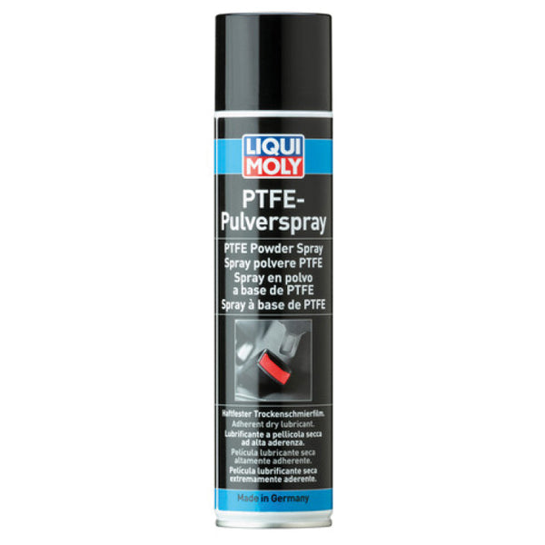 Liqui Moly Teflon pulverspray sprøjtet på metaloverflade til smøring