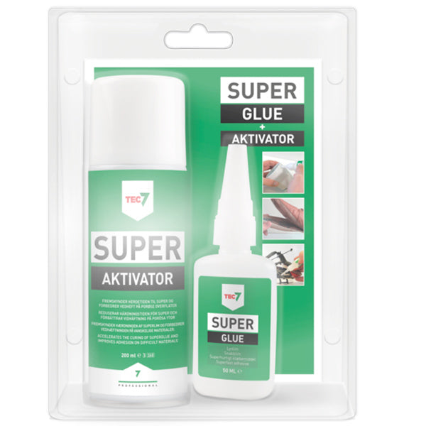 Tec7 super lim 50 ml og super aktivator 200 ml i produktpakke.
