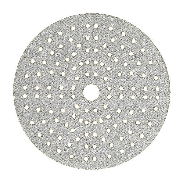 Mirka Iridium slib rondel på hvid baggrund, 150mm diameter med 121 huller