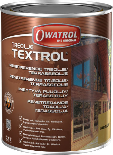 Owatrol terrasseolie Textrol UV-filter i kande på hvid baggrund