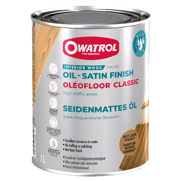 Owatrol Oleofloor classic klar i 1L beholder med et transparent design.