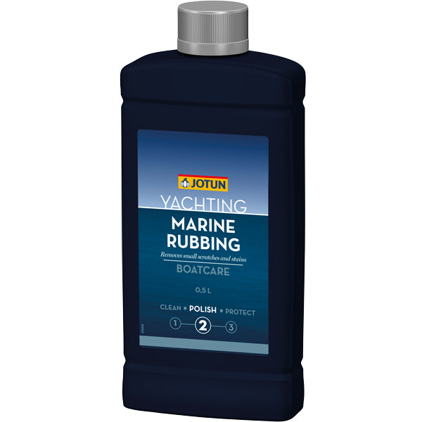 Jotun Marine Rubbing 0,5 L flasken præsenteret på en bådoberflade