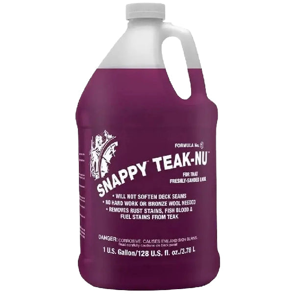 Snappy Teak olie i 3,8 liters beholder, klar til brug på bådudstyr