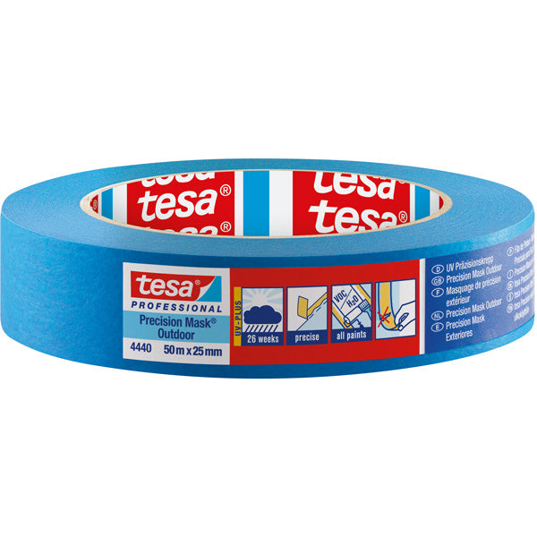 Tesa tape i blå farve vist på en hvid baggrund