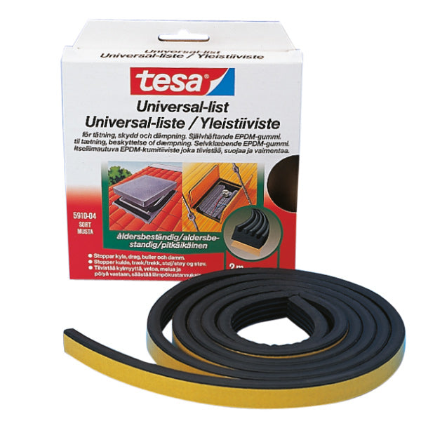 Tesa universalliste i sort med mål 5mx10x5mm, klar til brug