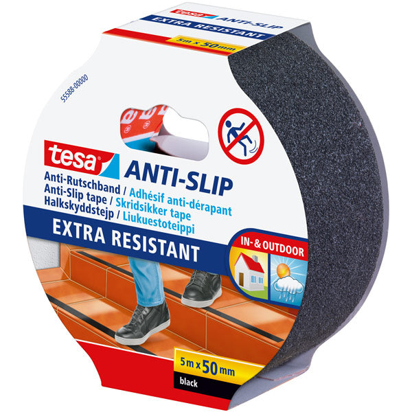 Tesa skrid tape i sort, rullet op, klar til brug
