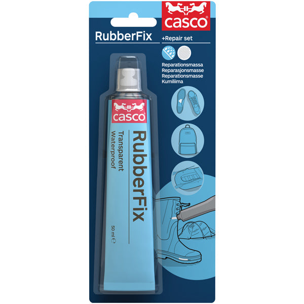 Casco RubberFix i en 50 ml tube, klar til reparation af marinetilbehør.