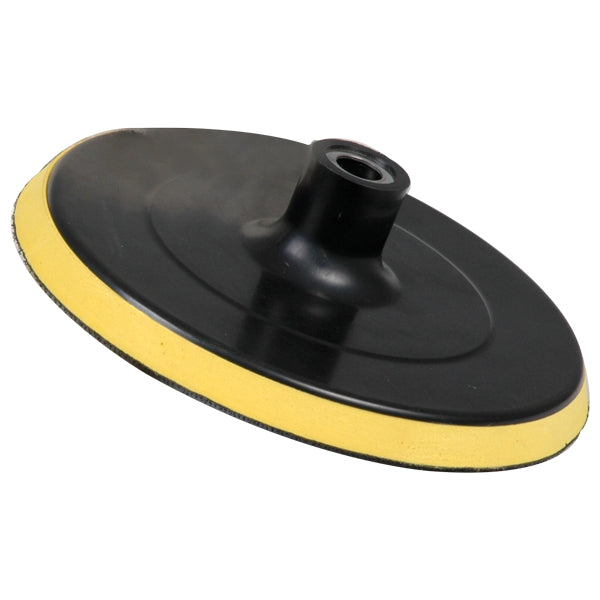 1852 bagplade velcro Ø180mm vist i brug på slibemaskine.