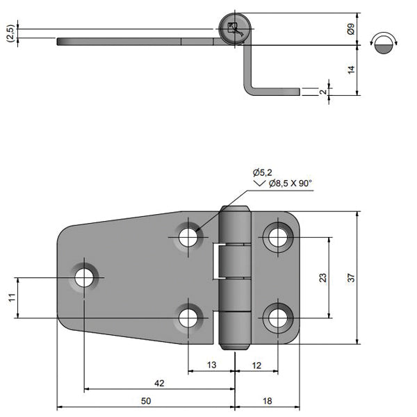 Roca hængsel set fra siden, der fremhæver design og dimensioner.