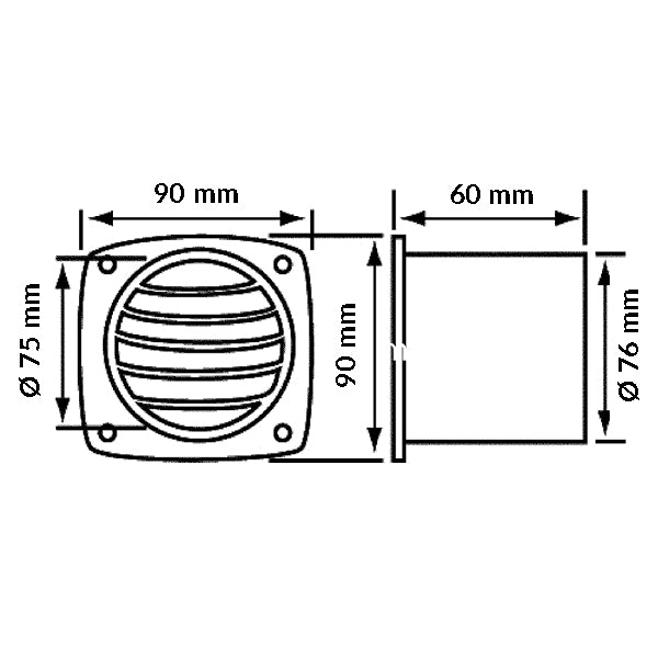Plastikventil monteret i båd, der viser 90 mm og Ø75 mm mål.
