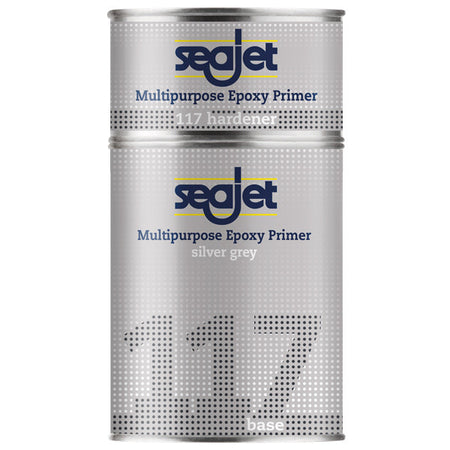 SeaJet 117 Multipurpose Epoxy Primer i sølvgrå farve, præsenteret i en 2,5L dåse